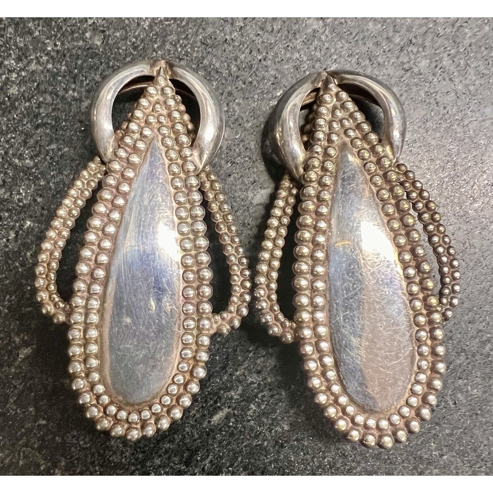 Unique Large 2 1/2" Sterling Silver Earrings Handmade Navajo? 27gm Beaded Ovals